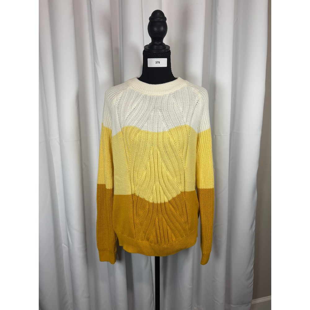 Venus Womens Yellow White Colorblock Cable Knit Crew Neck Sweater Size M